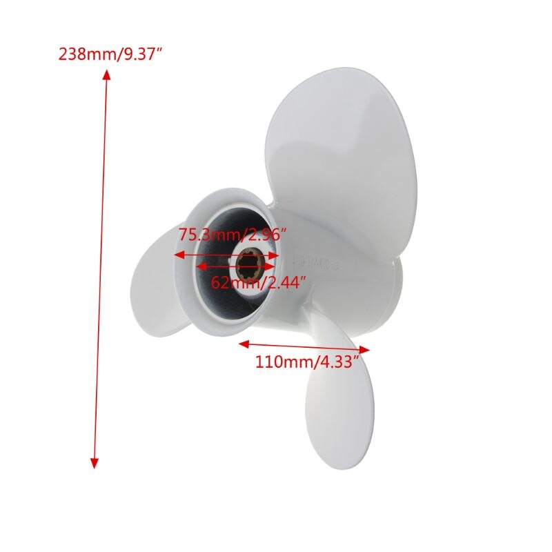 Båd påhængsmotor propel 9 1/4 x 10 aluminiumslegering til yamaha 9.9-15hp hvide 3 knive 8 spline tand
