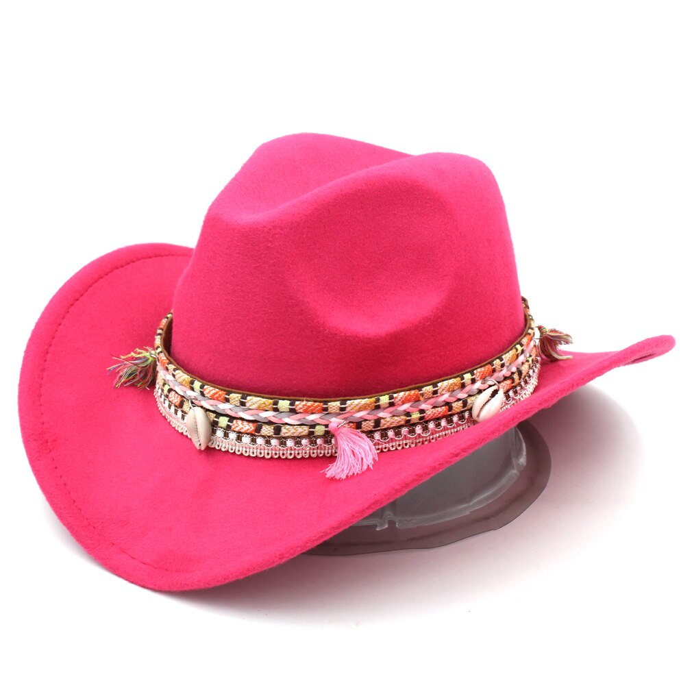 Mistdawn kvinder damer uld bred rand vestlige cowboy hat cowgirl ridning kostume kasket kvast boheme hatbånd størrelse 56-58cm bbd: Rosenrød