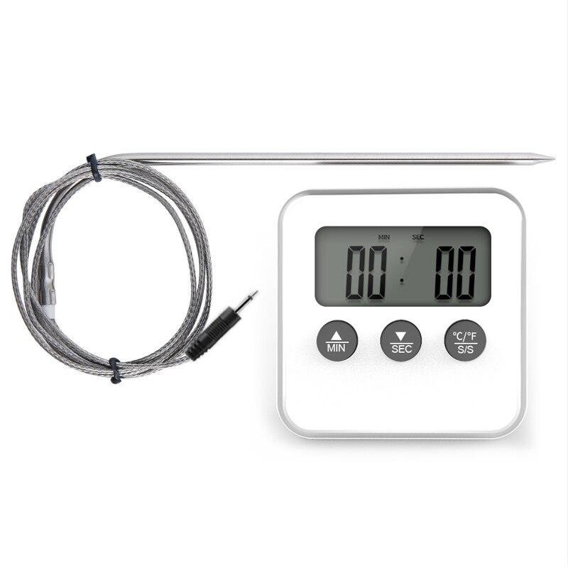 Digital bbq kogeovn termometer kød køkken mad temperaturmåler til grill timer funktion med rustfri stål sonde: Hvid