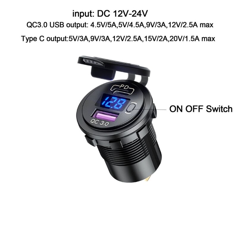 Cargador de Coche Rápido de automóvil con interruptor de encendido y apagado, voltímetro LED, USB, 12V, PD QC3.0, para camiones, motocicletas, Marines, UTV, tipo C,