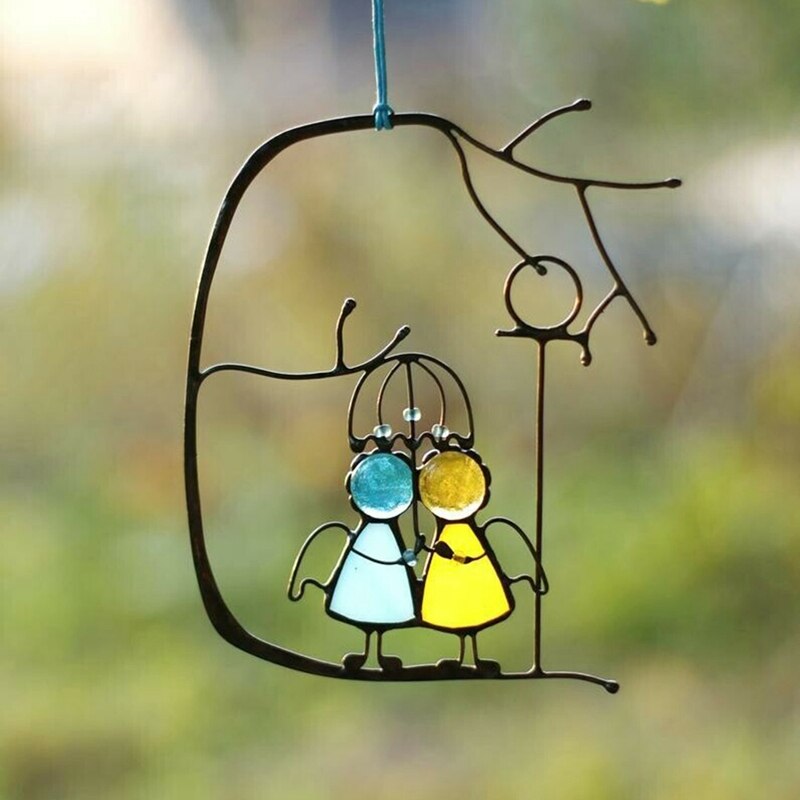 Stained Glass Angels Couple Doll Hangings SunCatcher Window Art Hanging Pendant Wall Door Decoration For Home Ornaments: B1