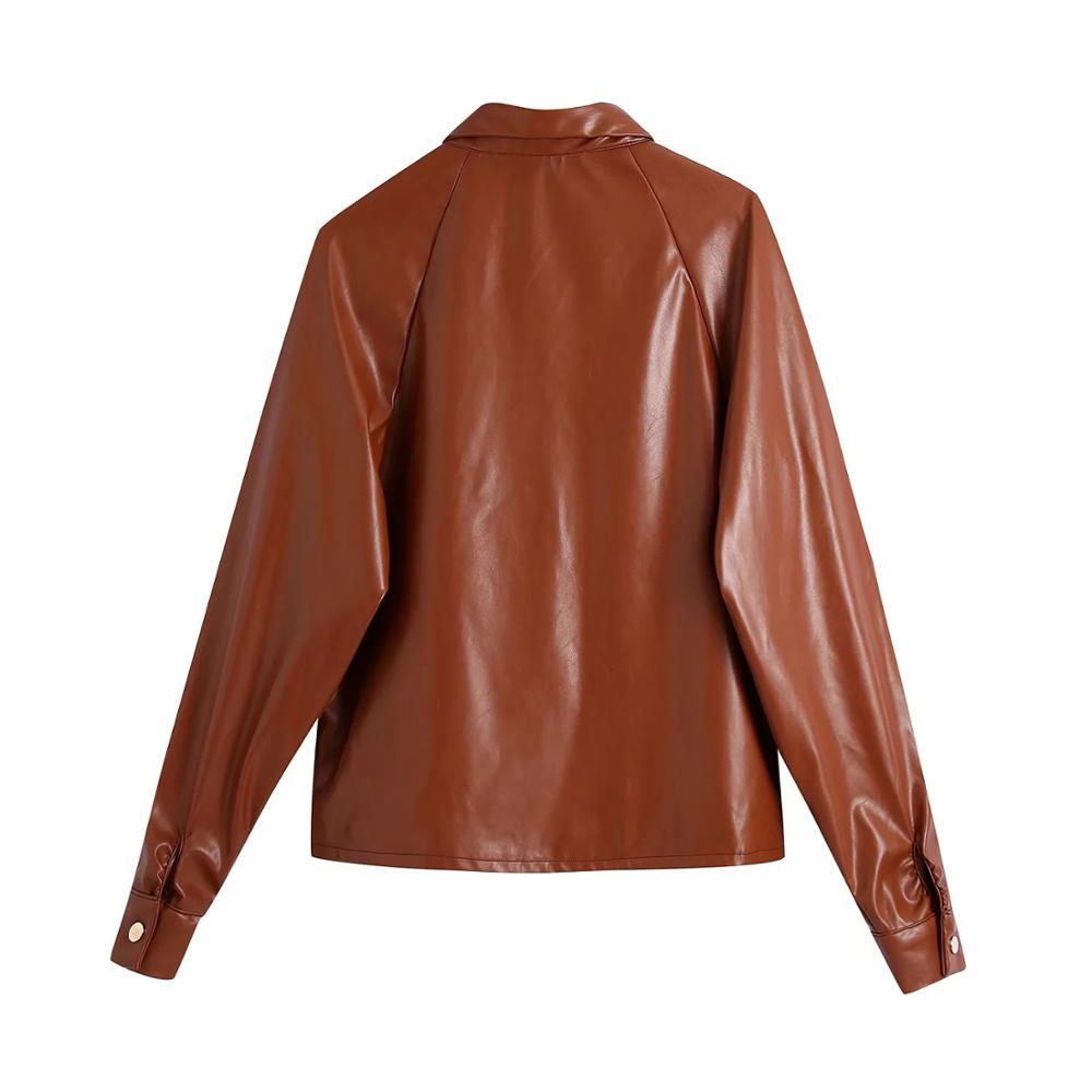 Fall Winter Women Faux Leather Shirt Long Gathering Sleeves Casual Chic High Street women Shirts