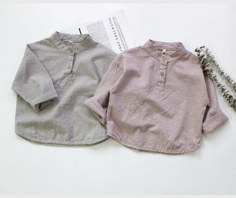 5401 Autumn Children's Cotton And Linen Shirt Simple Boys Blouses Standing Collar Long Sleeve Girl Tops Outfits