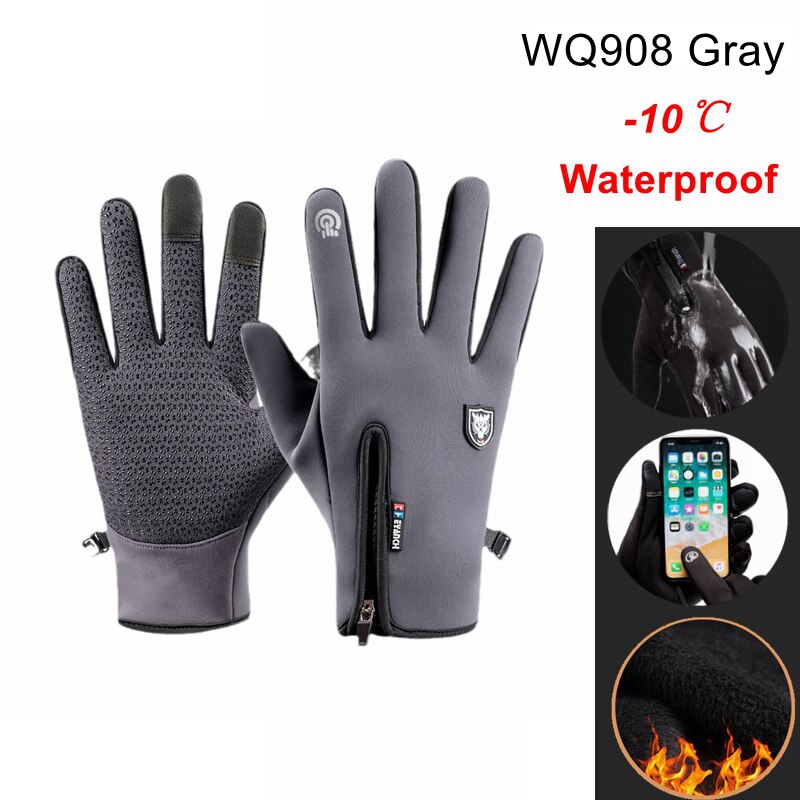 Guantes de ciclismo impermeables para exteriores, manoplas de invierno para pantalla táctil, a prueba de viento, para motocicleta, esquí y bicicleta: WQ908 Gray / XL