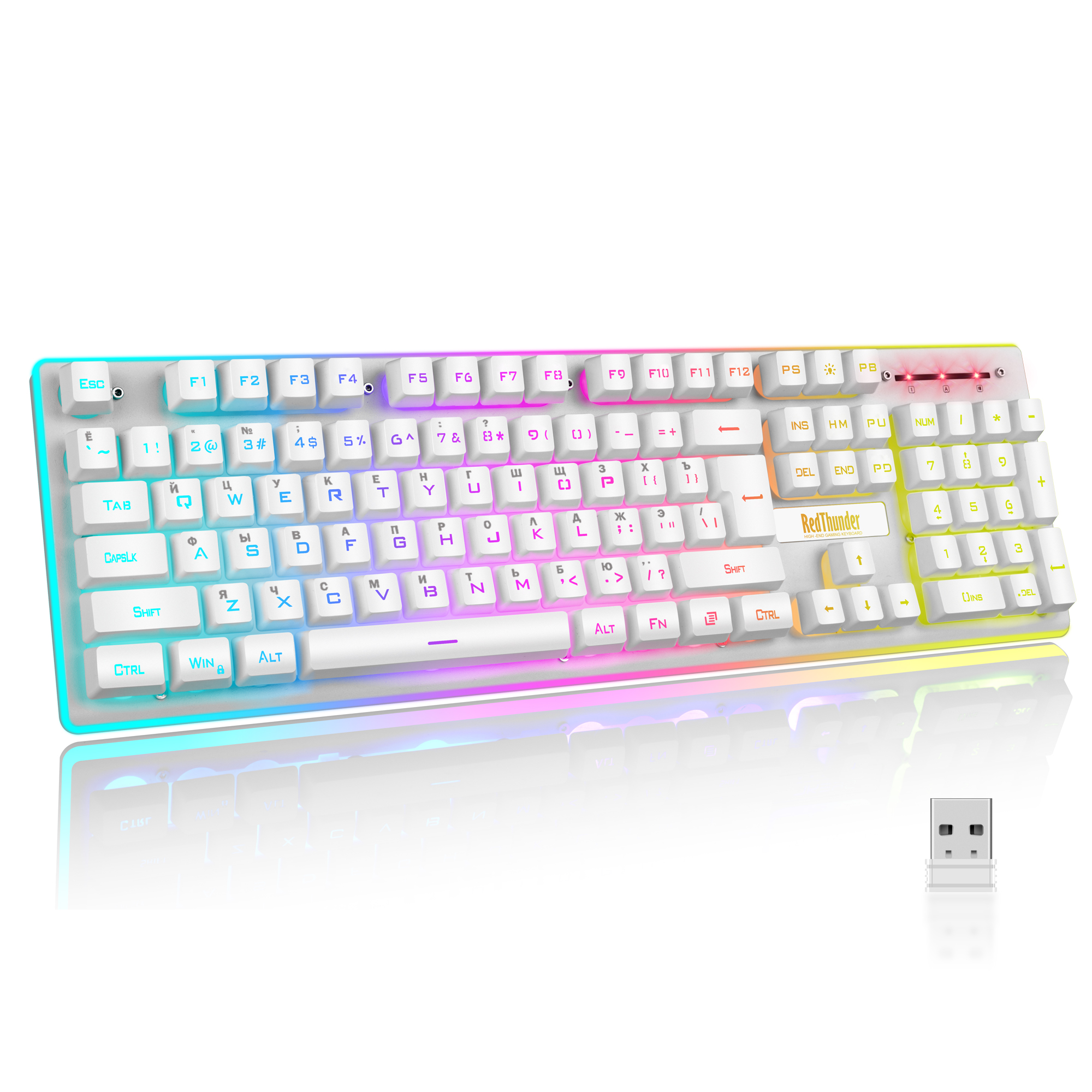 RedThunder-teclado inalámbrico K10 para juegos, recargable, sensación mecánica, retroiluminado con LED, 2,4g, para PC, Mac, PS: White RU layout
