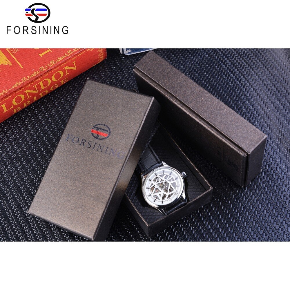 Forsining Koninklijke Luxe Mens Silver Versnelling Beweging Transparante Ster Oppervlak Open Werk Skeleton Mechanische Polshorloge