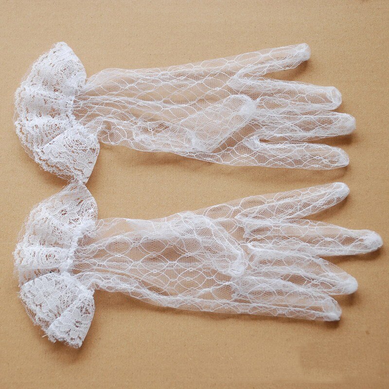 Guantes de boda Beige de corto, gasa de encaje, transparentes, G035