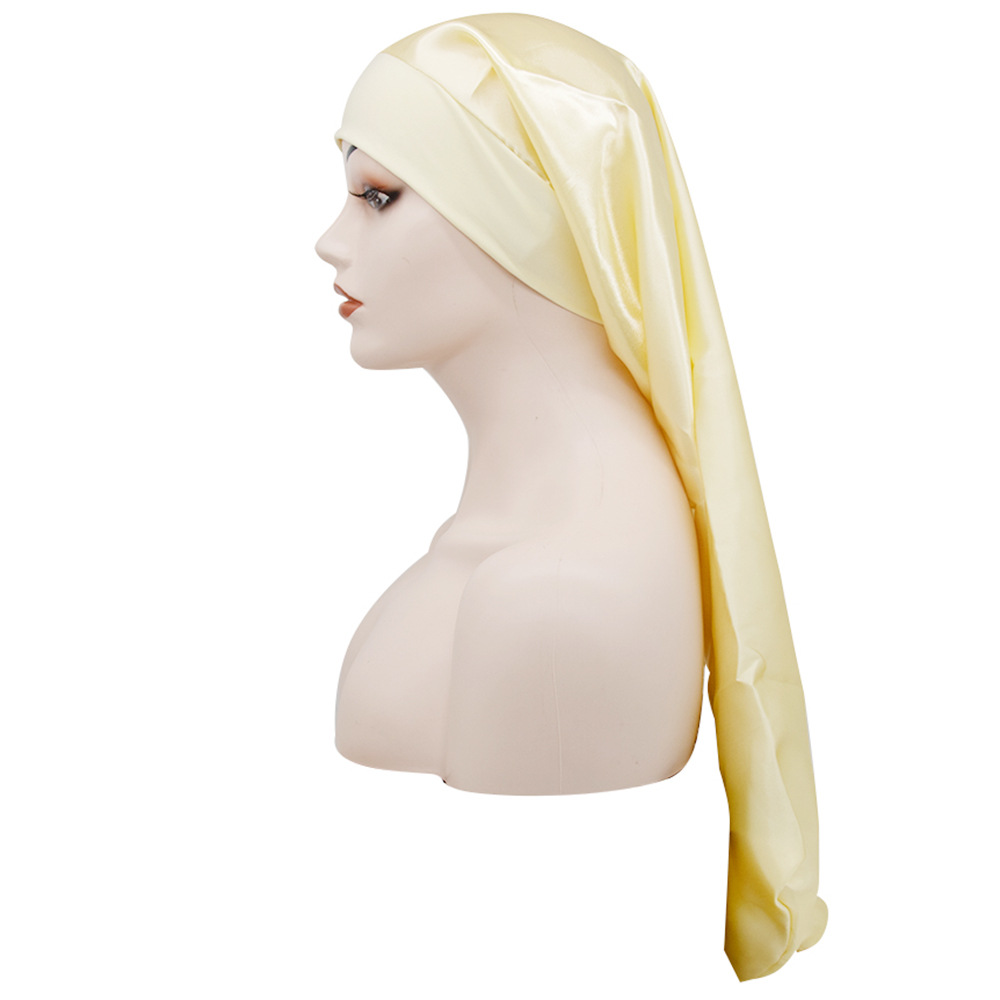 Elastisk bred kant lang satinhue sovehuer løs nathue hårplejehue til kvinder mænd unisex hue hue: Beige