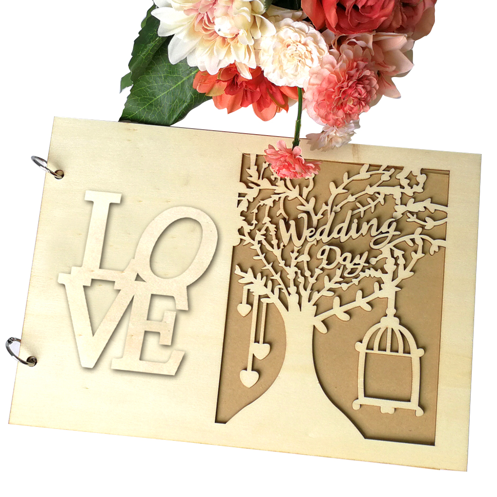 Mooie Bruiloft Decoratie 20 Pagina 'S Houten Bruiloft Gastenboek Levert Draagbare Hollow Oppervlak Fotolijst Notebook Gastenboek