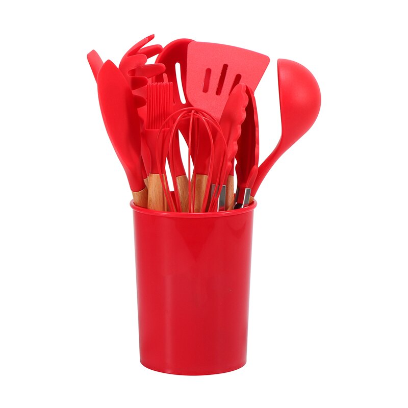 Kitchen Heat Resistant Cookware Silicone Non-stick Kitchenware Egg Beater BBQ Brush Food Tongs Soup Spoon Kitchen Utensils Set: 12PCS Red