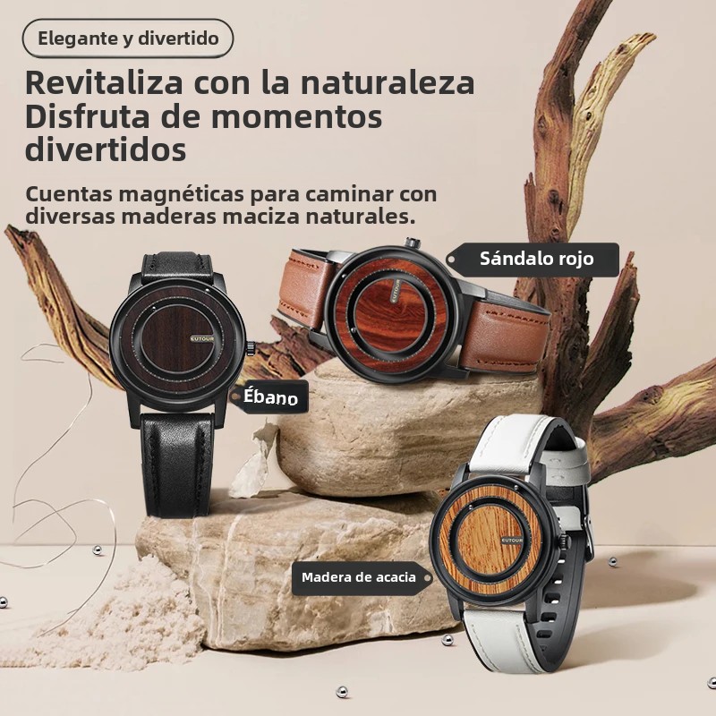 EUTOUR-Reloj unisex con cuentas magnéticas, reloj con elementos de de madera, correa de cuero PU, de manecillas únicas, reloj informal de negocios