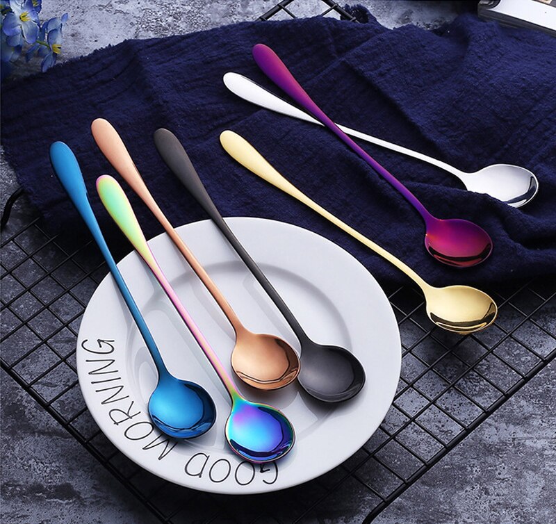 Colorful stainless steel dinner spoons, metal laddle long handle soup spoon, cooking, kitchen table spoon, soup scoop, dinner