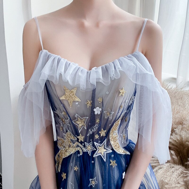 Sequins Evening Dresses Spaghetti Strap Boat Neck Robe De Soiree Gradient Blue A-line Long Shining Evening Dress qipao cheongsam