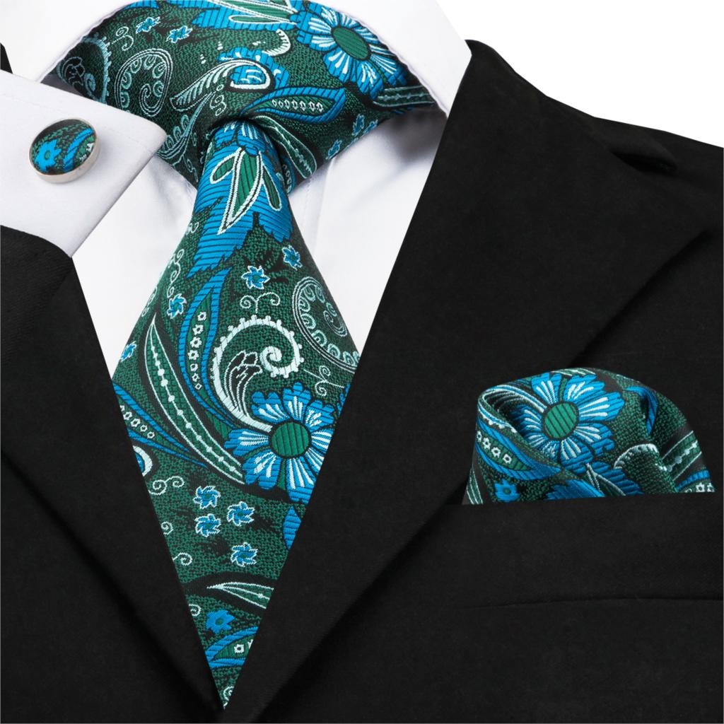 Hi-Tie Christmas 100% Silk Ties For Men Hanky Cufflinks Set 20 Styles Men's Tie Floral Green Plaid Gravatas Party Large Necktie
