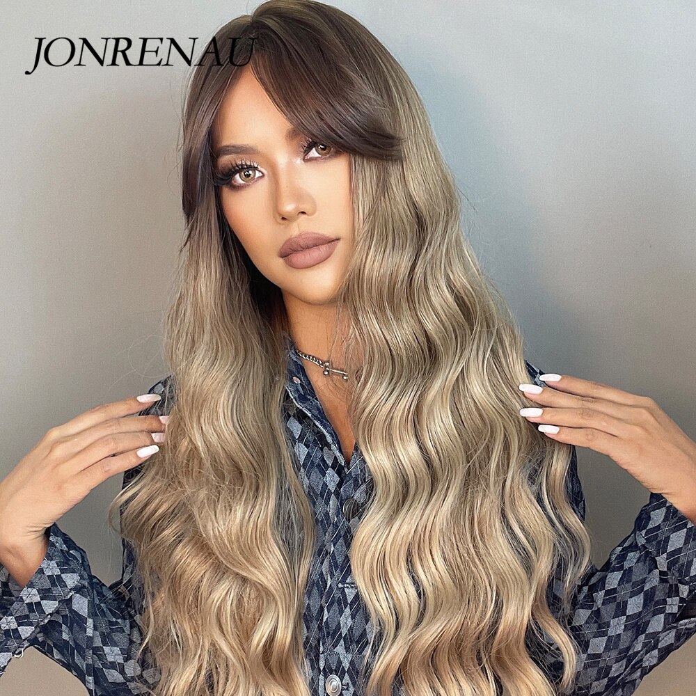JONRENAU Long Wavy Brown to Light Brown Ombre Synthetic Wigs Partial Fringe Natural for Women Daily Party Wig Heat Resistant