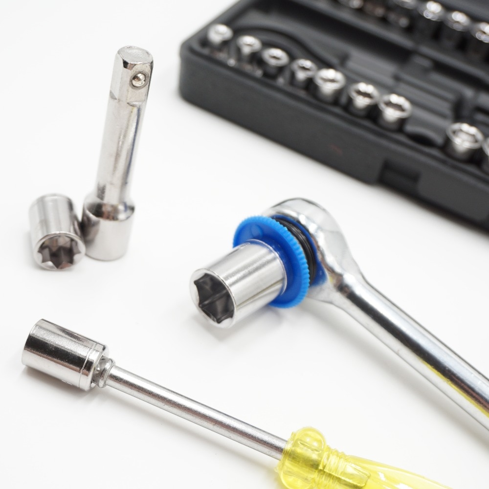 40PCS 1/4 3/8 inch Drive Ratchet Wrench Set Automobile Motorcycle Repair Hand Tool Kit Extension Bar Hex Sockets Ratchet Handle