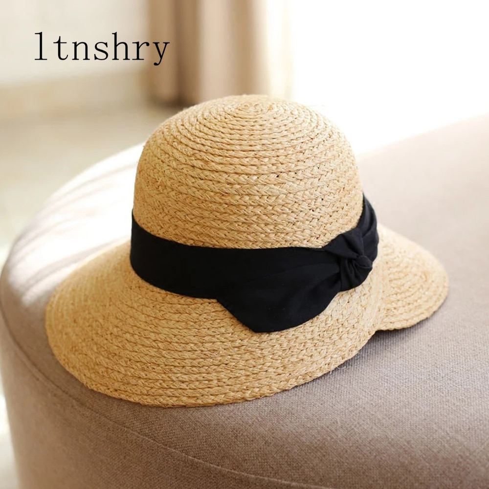 Women Sun hat Ribbon bow Raffia Grass Straw folding wide Brim Bucket Hat For Lady Beach hat Dome Bucket cap