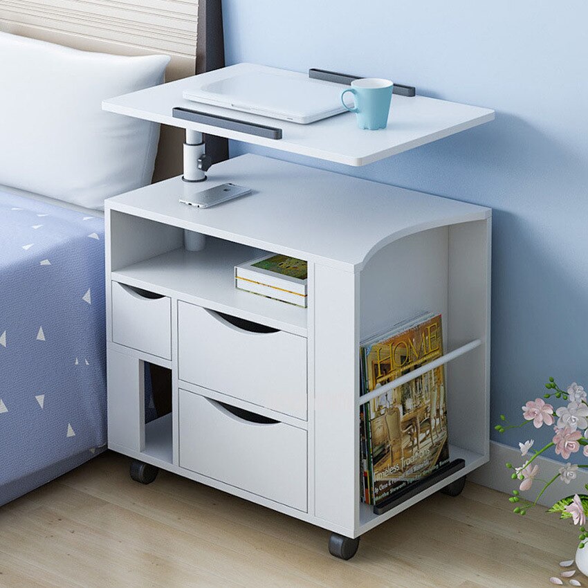Movable Laptop Nightstand Bedside Liftable Desktop Notebook Laptop Desk Cabinet Wood Multifunctional Storage Cabinet
