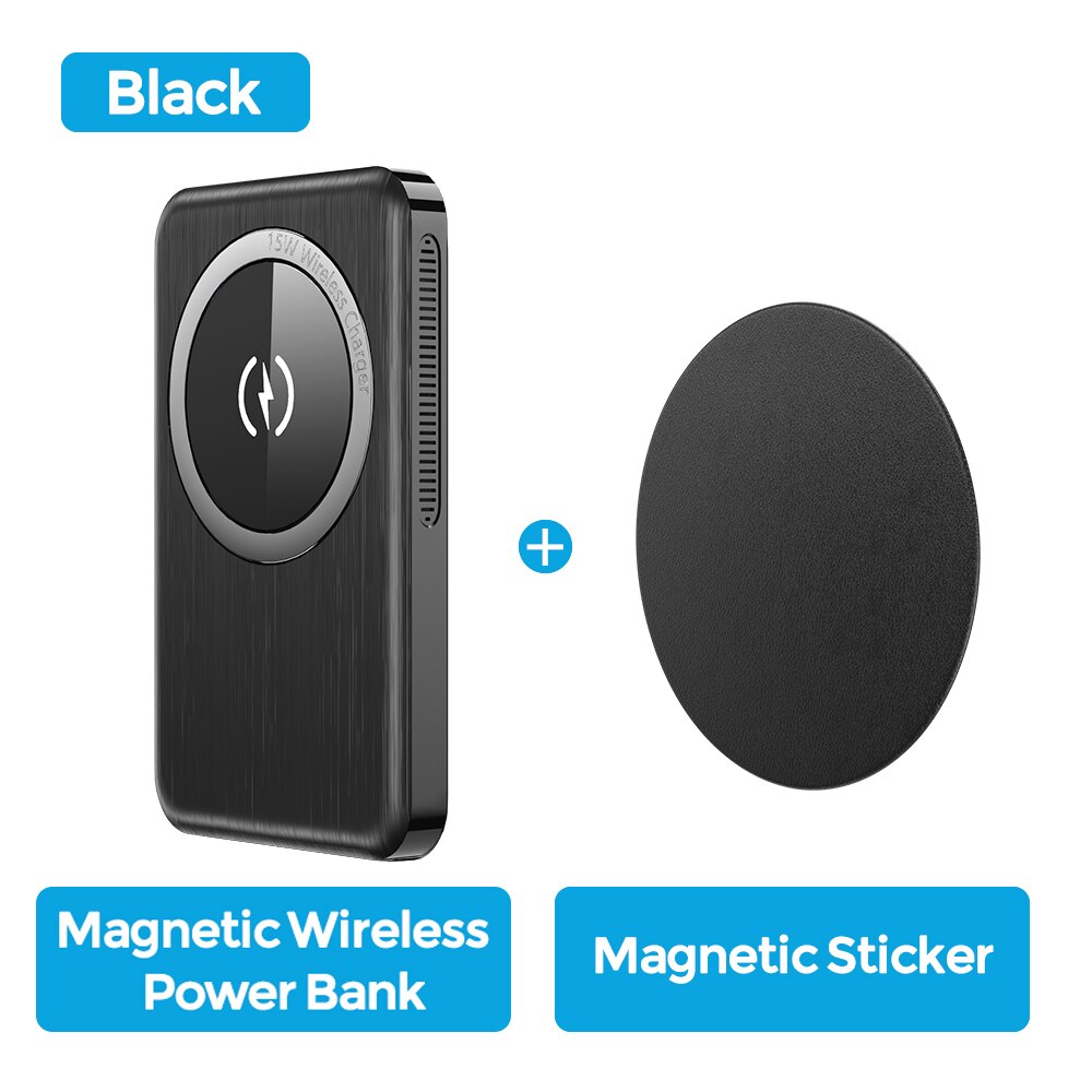 YKZ Magnetic Power Bank PD 20W Fast Charging 10000mAh 15W Wilreles Powerbank External Battery For iPhone12 Pro Max Samsung S21: Black Magnet Sticker