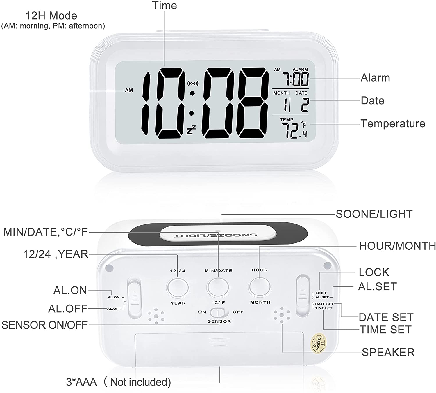 Ledet digitalt vækkeur baggrundslys snooze lydløs kalender desktop elektronisk bcaklight bordure desktop ur