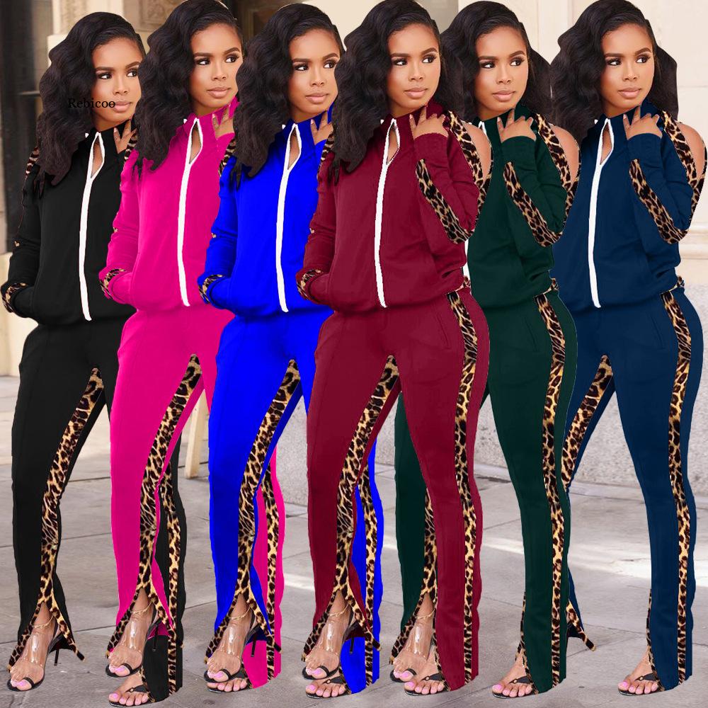Women Suit Stand-up Collar Jacket Bundled Ankle Sports Pants Two-piece Leopard Print Ladies Suit Warm Comfortable Stitching