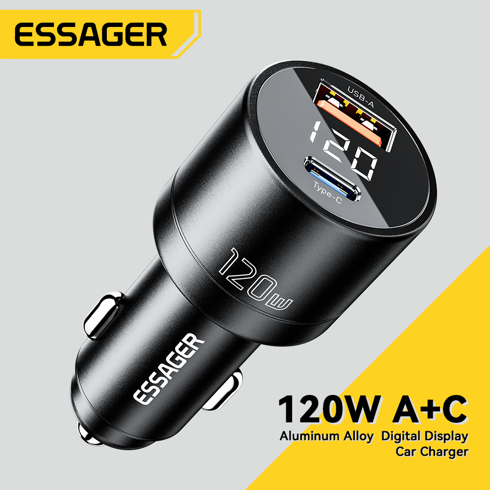 Cargador de coche Essager 120W PD cargador súper rápido para iPhone 15 14 13 Pro Xiaomi Samsuang cargador USB tipo C carga de teléfono portátil