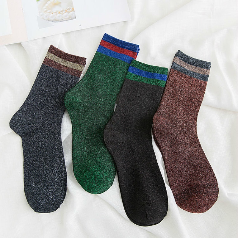 Calcetines bonitos divertidos a rayas para mujer, de seda, dorados y plateados, Harajuku, cebolla japonesa, restauración antigua