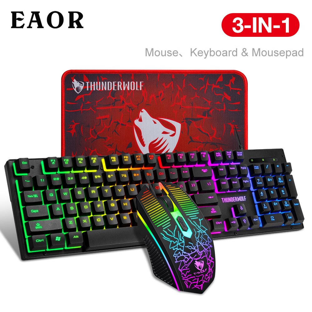 EAOR 3pcs Gaming Keyboard + Mouse + Mouse Pad Set, RGB Glowing Wired Gaming Keyboard Mouse Combos for Desktop Laptop PC Gamer