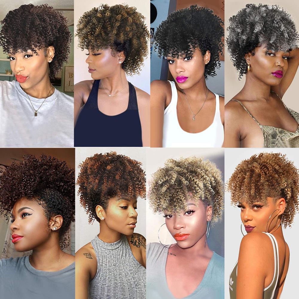 Afro Puff Ponytail With Bangs Afro Kinky Curly Synthetic Curly Mohawk Ponytail Clips in Hair Extension For Black women Hairpiece