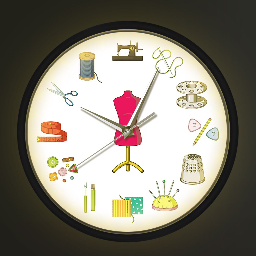 Seamstress LED Luminous Voice Control Wall Clock Light Tailor Shop Quilting Sew Time Sound-Activated Metal Frame Horologe