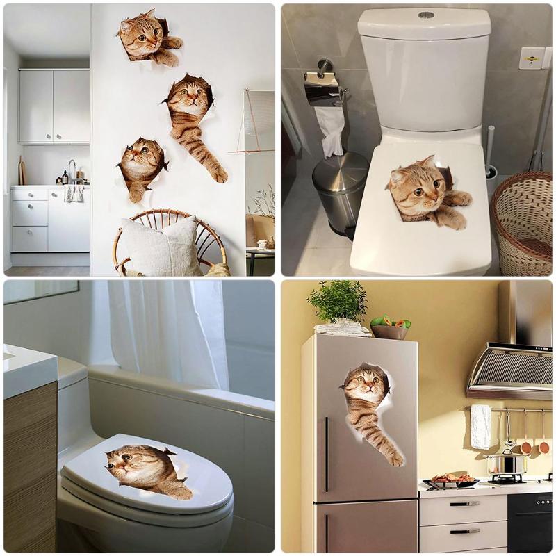 Cartoon dieren 3d toilet stickers op de toiletbril schattige katten pvc muursticker badkamer koelkast deur decoratie stickers stickers