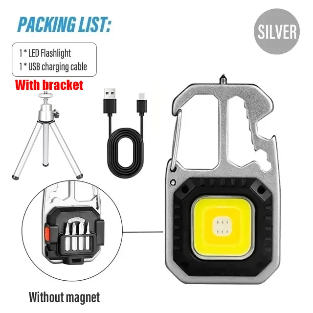 COB-Schlüsselanhänger, Arbeitsleuchte, Taschenlampe mit Batterieanzeige, wiederaufladbar, hohe Lumen, tragbares LED-Licht für Camping, Wandern, Laufen: WHITE