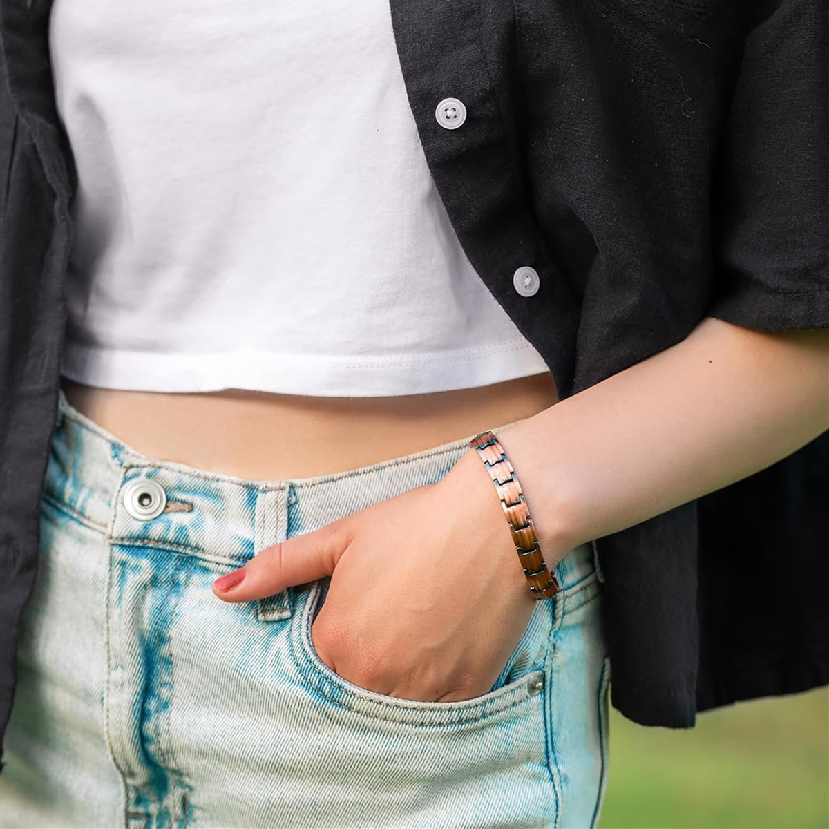 ARADOO Preumium Zuiver Koper Armband voor Mannen Vrouwen Dubbele Rij Magnetische Therapie Polsband Sieraden