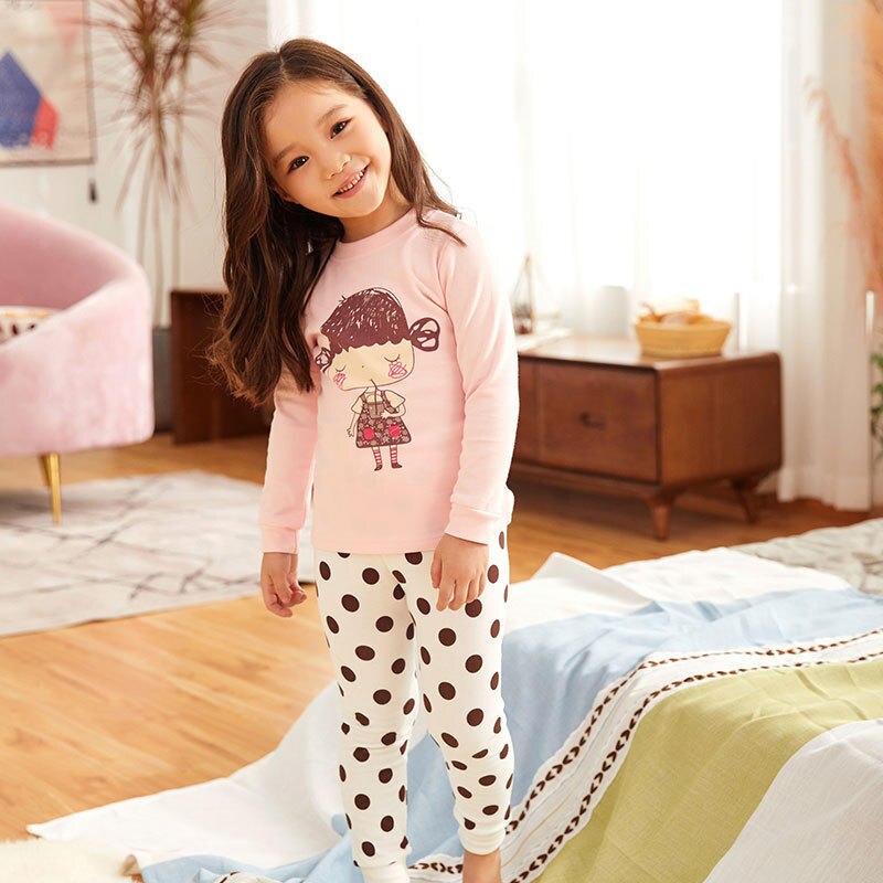 Kid's Children's Girl Cute Lovely Sweet Cartoon Little Girl Printed Long Sleeved Pajamas Sets Polka Dot Sleepwear Outfit