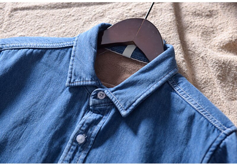 Men Winter Thick Slim Fleece Warm Slim Long sleeve Casual denim shirt male Velvet Jeans Shirts camisa masculina 3XL