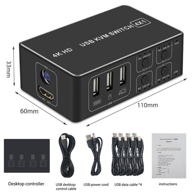 4K 60Hz HDMI KVM switch Box HDMI USB KVM Switch 4 in 1 out with Desktop controller Support 4 Monitor Mouse Keyboard PC Laptop: PS2