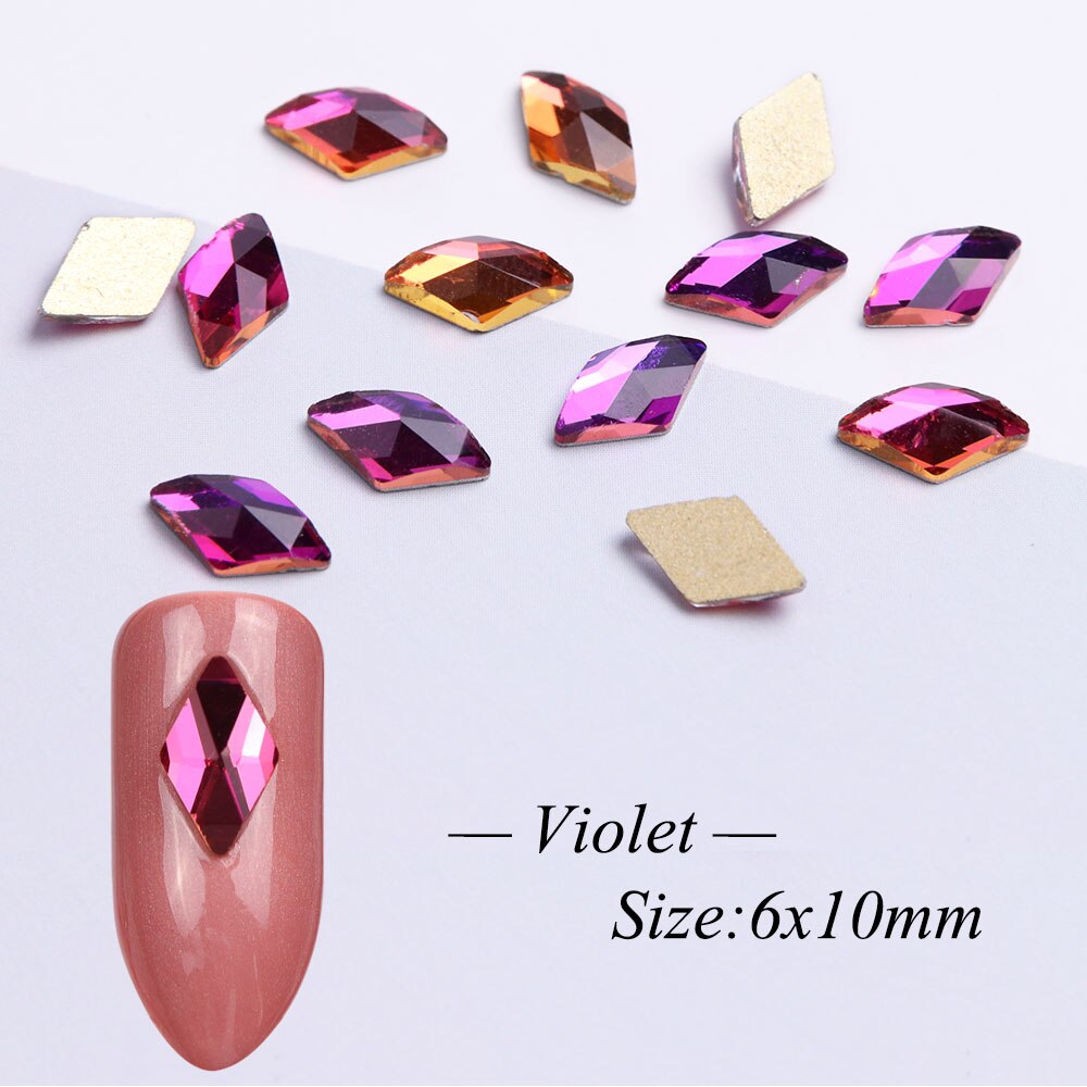 10 pièces losange ongles strass cristaux Flatback verre pierres manucure Nail Art décoration breloques gemme bijoux accessoires JI717: Violet