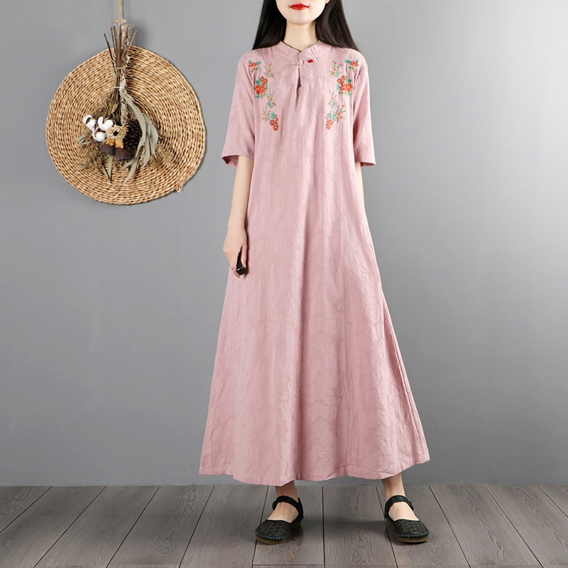 Chinese Dress Qipao Women Long Cheongsam Dress Cotton Linen Embroidery Chinese Traditional Dress Long Dress Qipao KK3698