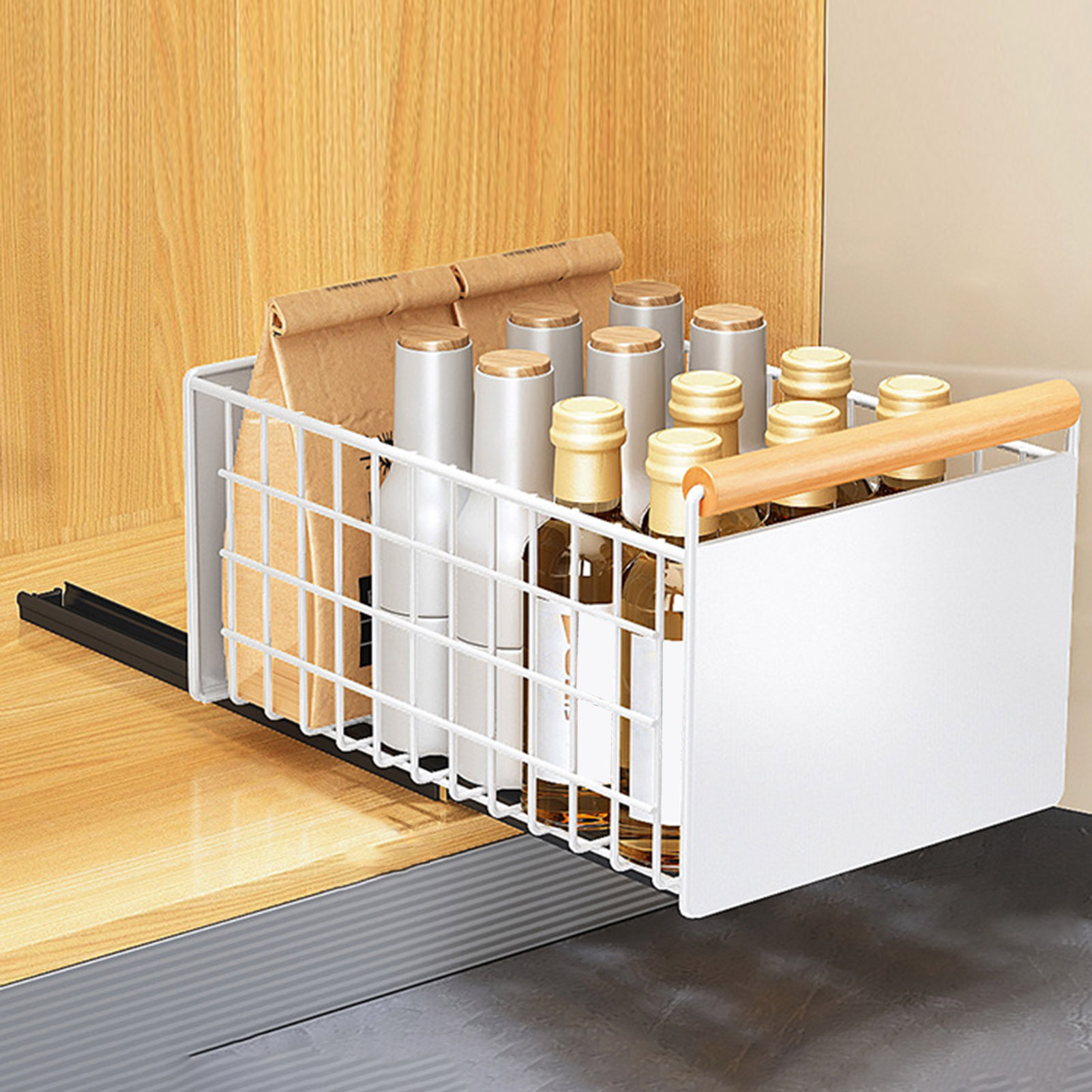 Cabinet Drawer Rack Self-adhesive Sliding No Drilling Foldable Sliding Cabinet Organizer Heavy Duty Pull-out Pantry Organizer: light yellow