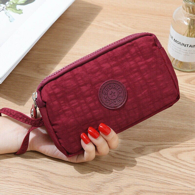 Billeteras de para mujer, Mini bolso de bolsillo para teléfono, tarjetero, cartera corta de tres capas con cremallera, cartera monedero: Wine Red