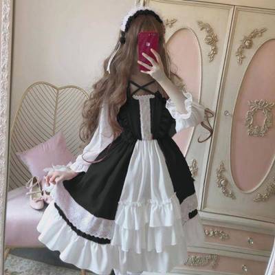 Japanese Black Pink Maid Costume Loli Lolita Skirt Op Small Cute Soft Girl Fairy Skirt Gothic Lolita Dress Women Kawaii Clothing: long sleeve black