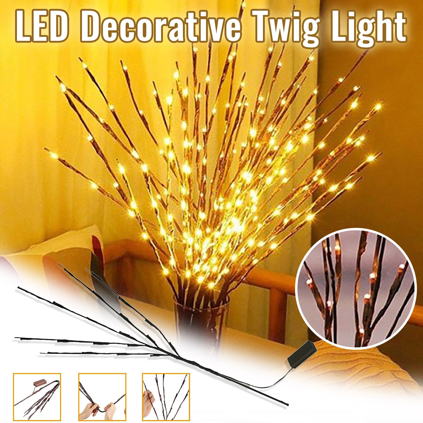 LED Willow Branch Lamp Floral Lights 20 Bulb Home Christmas Party Decor Birthday LED Night Light Battery Powered