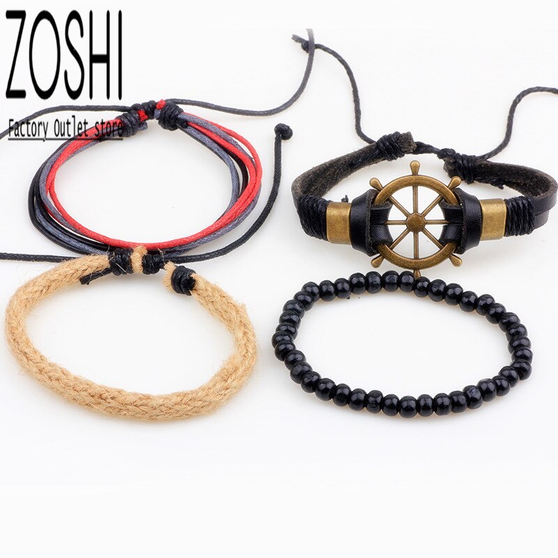 4 pçs bege caqui cânhamo corda tecer pulseira conjunto masculino misto marrom couro envoltório pulseira azul contas de madeira pulseiras multicamadas
