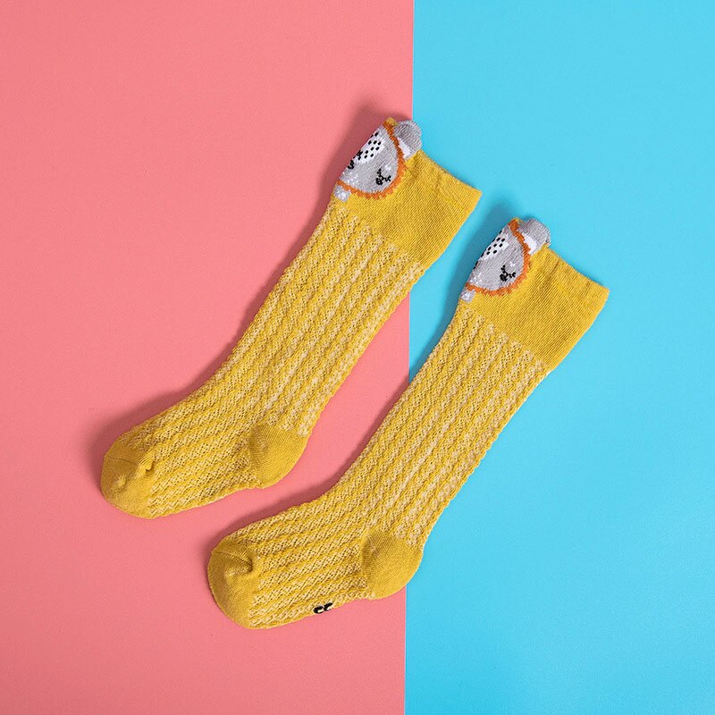 Dessin animé mignon bébé chaussettes renard ours lapin animaux infantile coton longues chaussettes été maille enfant en bas âge garçons filles genou chaussettes hautes: yellow