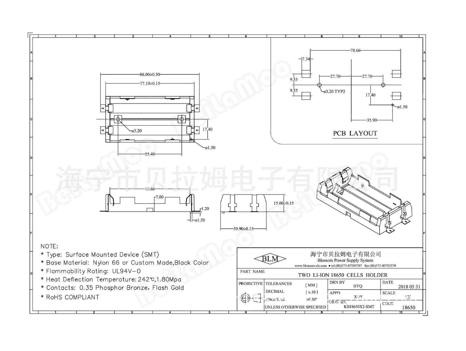 18650 Battery Holder Smd Smt Batteries Case Storage Box With Bronze Pins 18650 Hollow 1/2 Slot 18650 Rechargeable Battery Shell