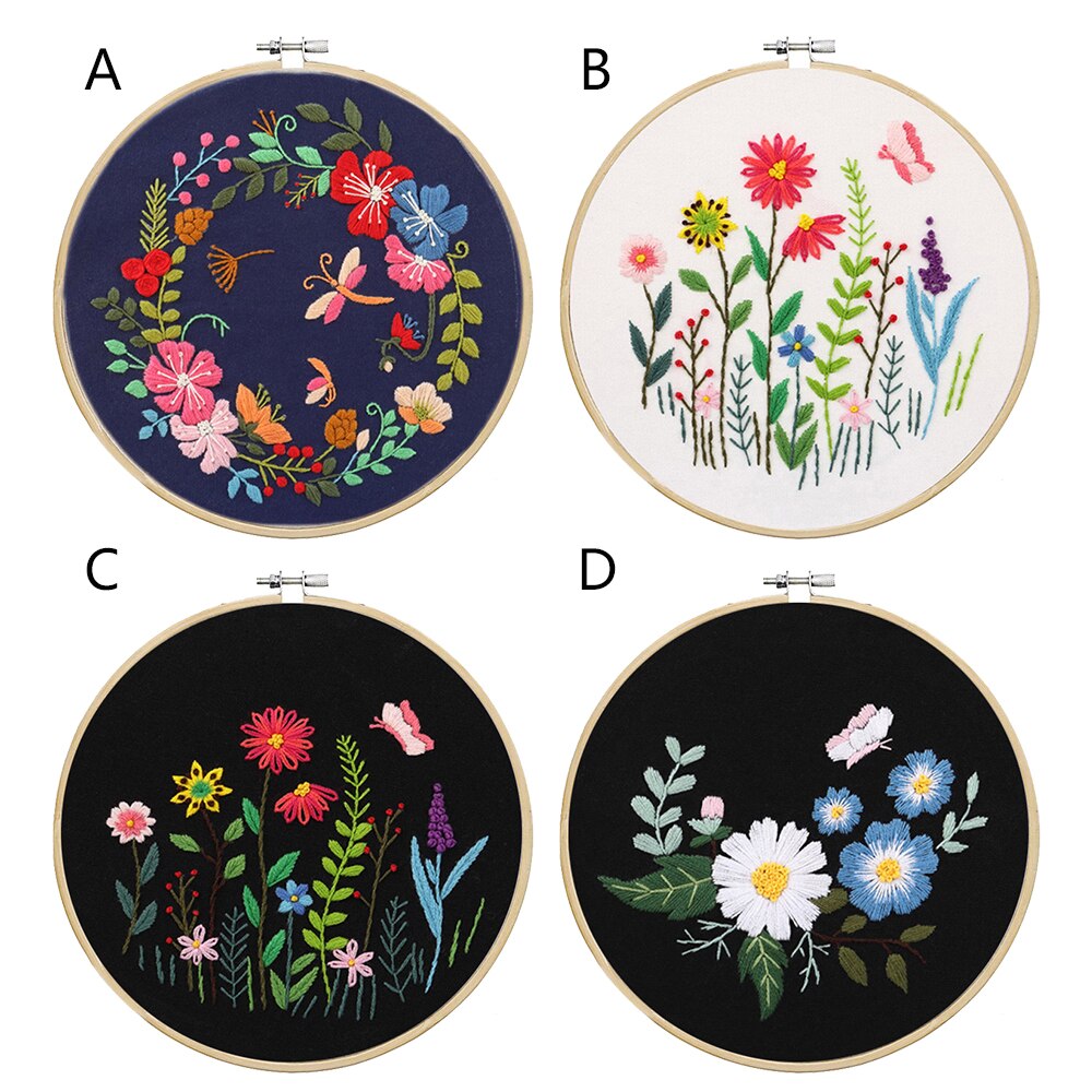 Starter Kit Embroidery Hoop Kit Sewing Craft Kit Needlework Tools Round Printed Flowers Plants Pattern Diy Handwork Threads Tool