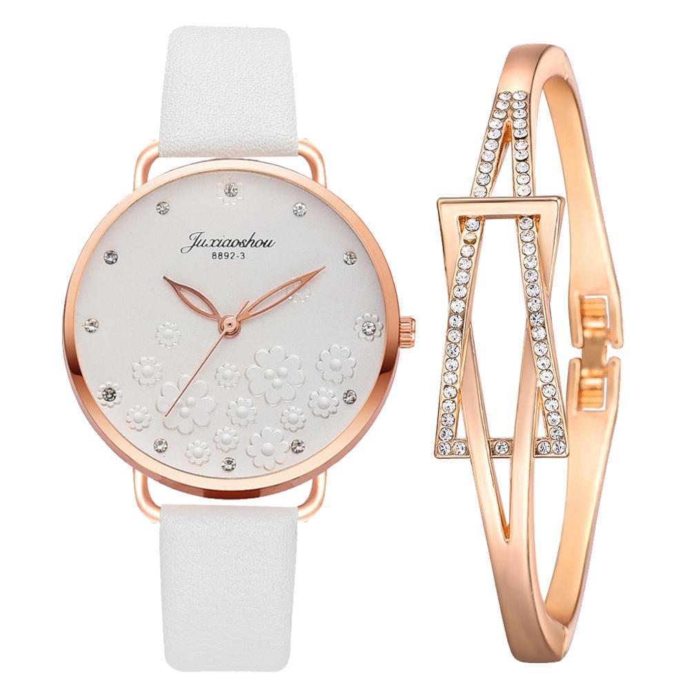Frauen Diamant Uhr Blumen Runden Zifferblatt Armbinde Uhren einstellen Damen Leder Band Quarz Armbanduhr Weibliche Uhr Zegarek Damski: 2Stck Weiß