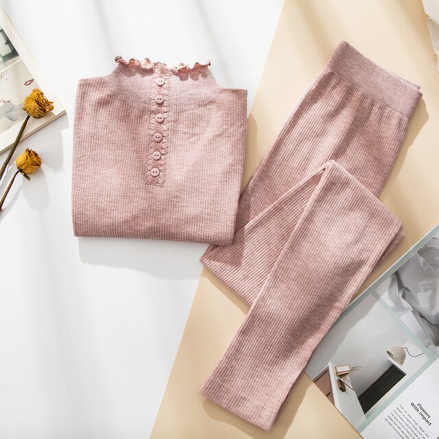 Ensfarget varm lange underbukser dame vinterklær høyhalset genser enspent volanger slankt termisk undertøysett til kvinner