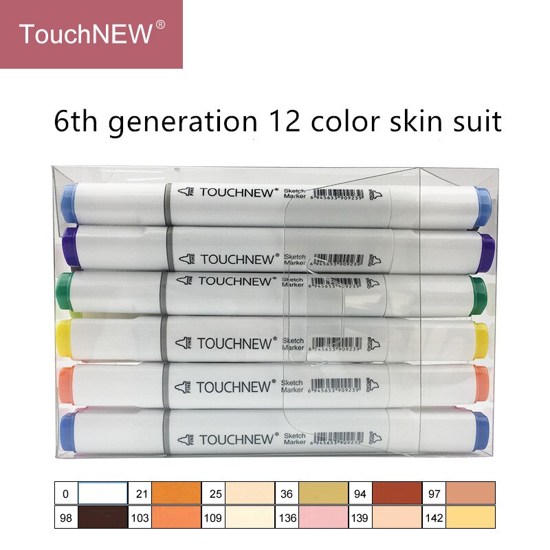 TouchNew Artist Marker Pens 24 Colours Blendable Alcohol Brush Pen Skin Tone Set for Portrait Illustration Drawing Art Markers: T6 12color black rod