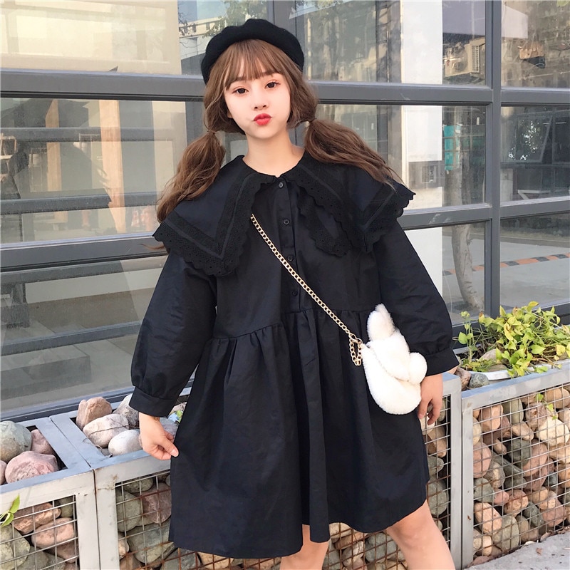 Japansk harajuku kvinder mini lolita kjole dobbeltlags blondekrave oversized sort hvid kjole efterårs sød kawaii pigekjole